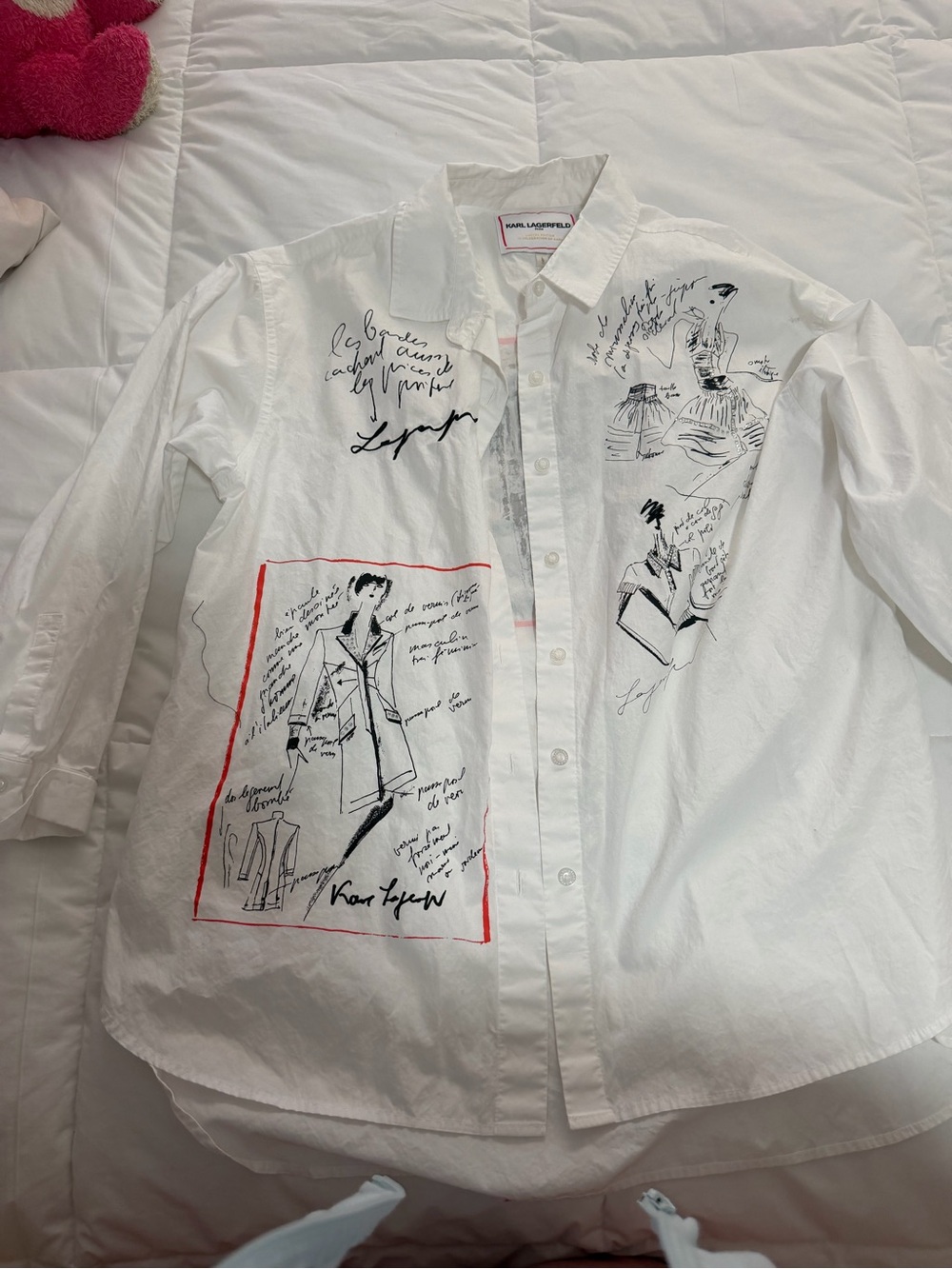 Karl Lagerfeld White Button-Down Shirt with Black Sketches and Red Accents